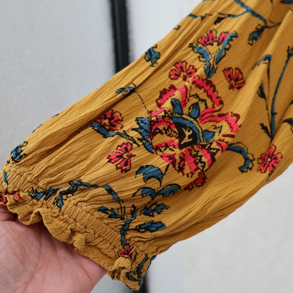 Knox Rose Floral Boho Dress Womens Size L Mustard Yellow Tiered Pockets Peasant - Picture 9 of 13